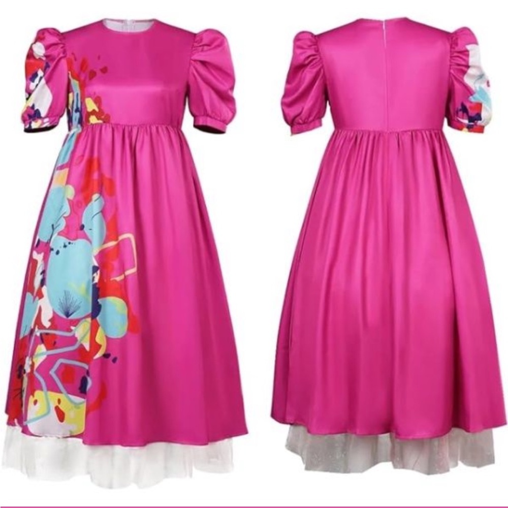 Women Weird Doll Movie Costume 2023 Kate Cosplay Hot Pink Puff Sleeve